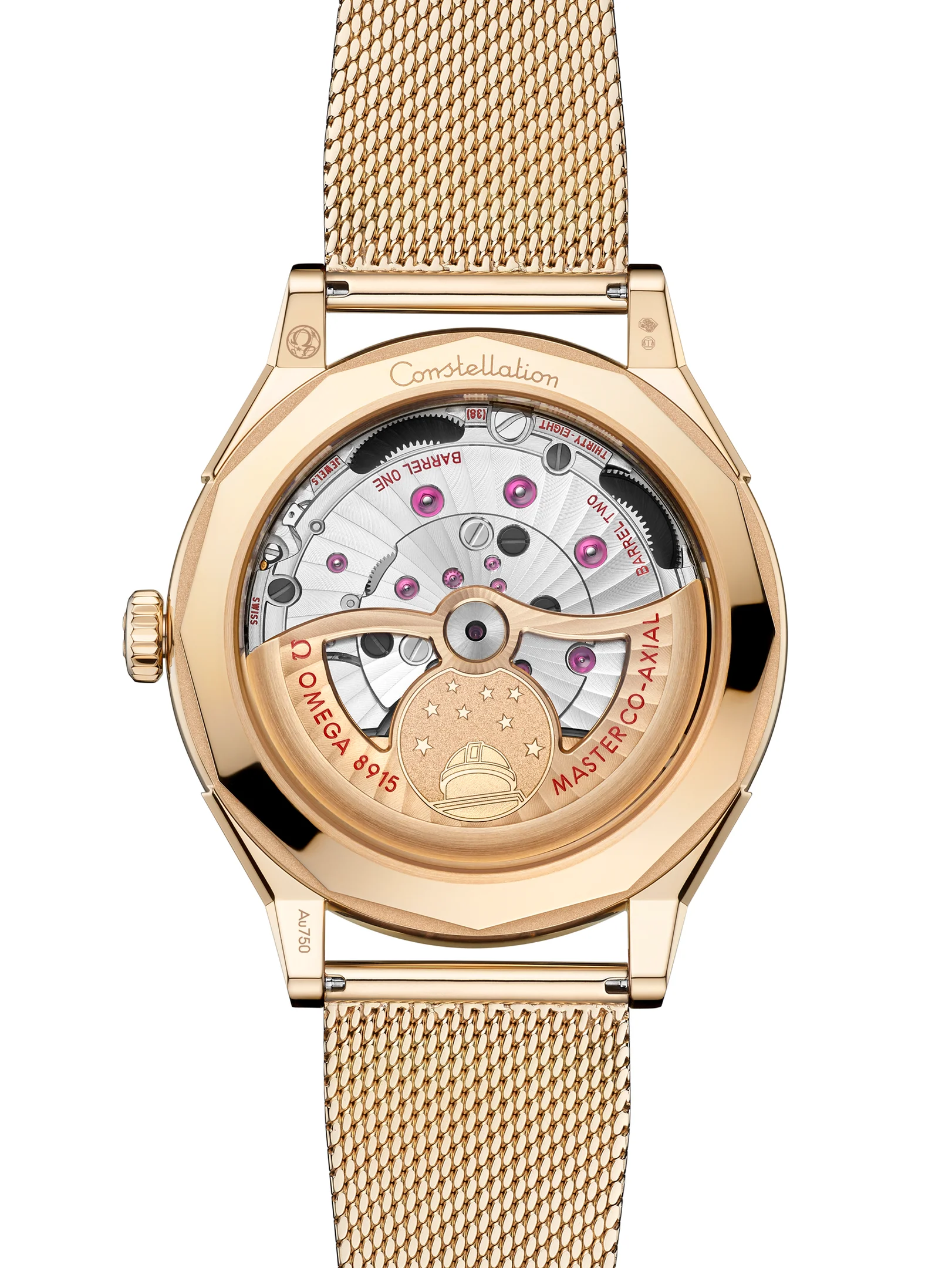 Omega Kaliber 8915 Master Chronometer Uhrwerk mit Goldrotor und Sichtboden